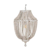 Kortárs mediterrán stílusú, patinás krém színű fémből és fehér színű tölgyfa gyöngysorból készült függeszték lámpa